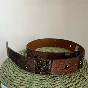 Vintage Fossil Studded Leather Brown Solid Brass Buckled Belt Small